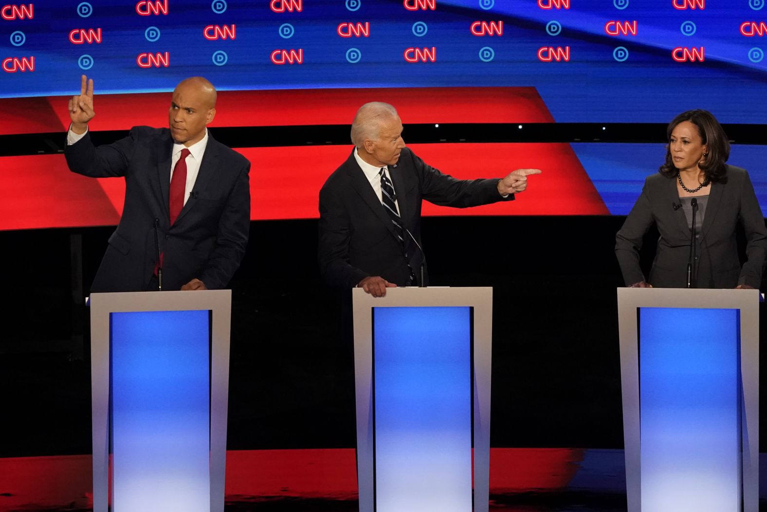 Booker looks to be called on during the CNN Democratic debates in July 2019.