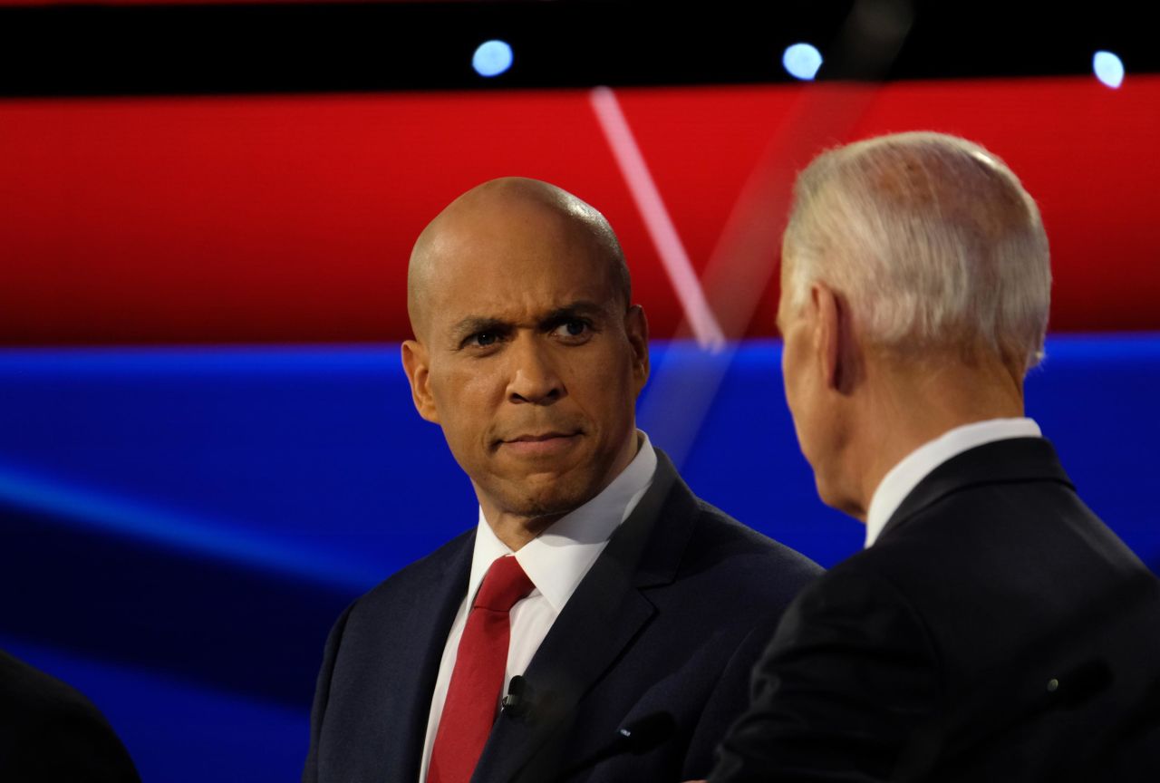 Booker looks at Biden during Wednesday's debate. At one point, the two <a href="https://www.cnn.com/politics/live-news/democratic-debate-july-31-2019/h_32cd26ea0158fa06cb172ee0d52ca529" target="_blank">clashed over criminal justice reform.</a>