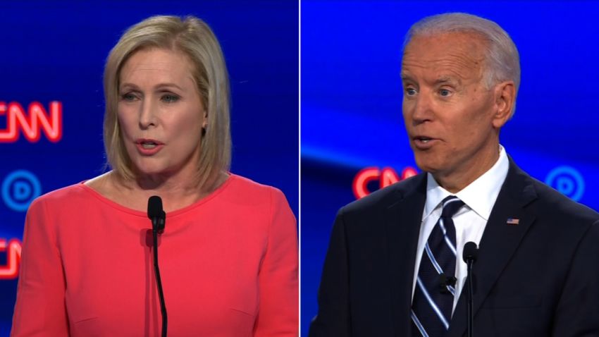 Presidential candidate US Sen. Kirsten Gillibrand and Former Vice President Joe Biden participates in the CNN Democratic debate in Detroit on Wednesday, July 31.