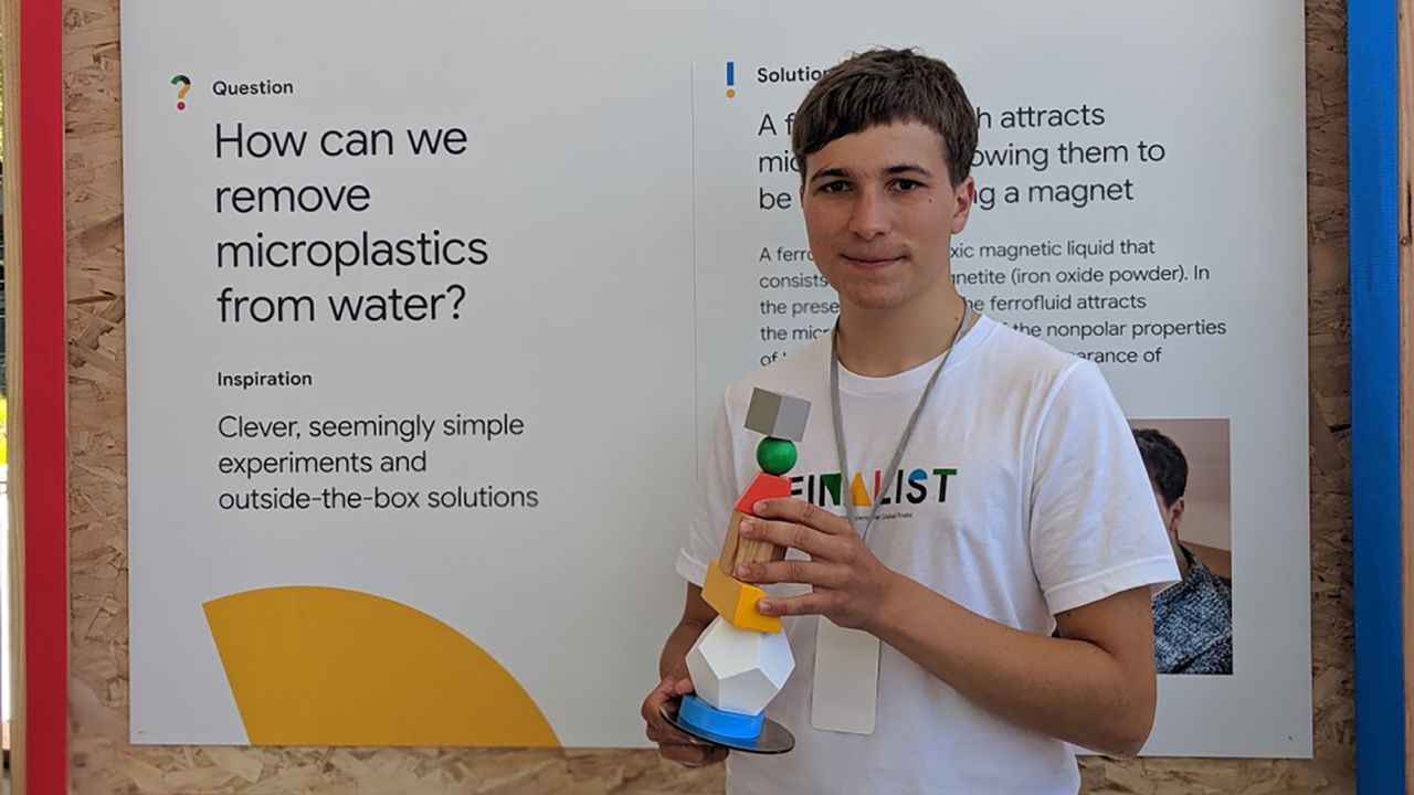 Fionn Ferreira presents his project to combat the ocean's plastic pollution problem at the Google Science Fair. 