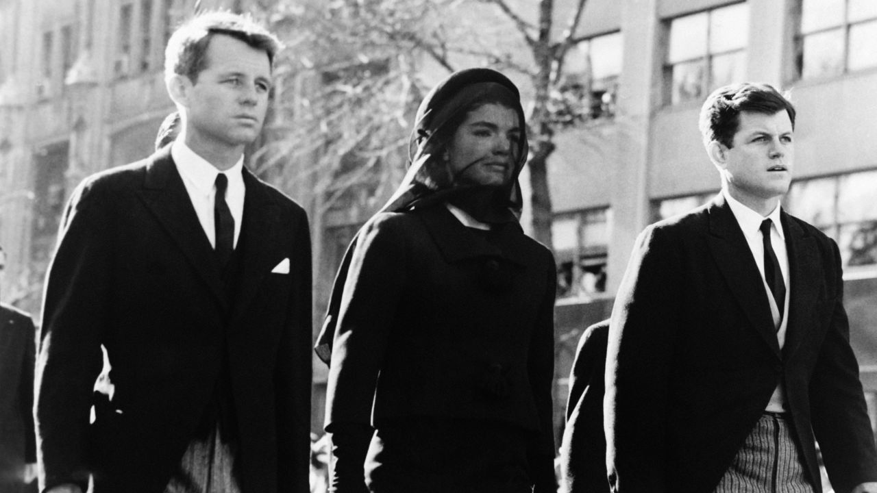 Robert Kennedy and Edward Kennedy with their sister-in-law Jacqueline Kennedy during the funeral of President John F. Kennedy.