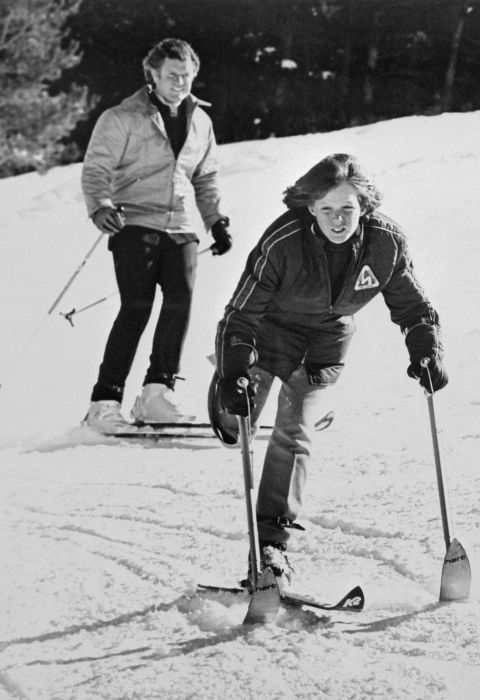 In 1973, Ted Kennedy's 12-year-old son Edward Jr. lost a leg to bone cancer. Kennedy is seen here skiing with his father in 1974.