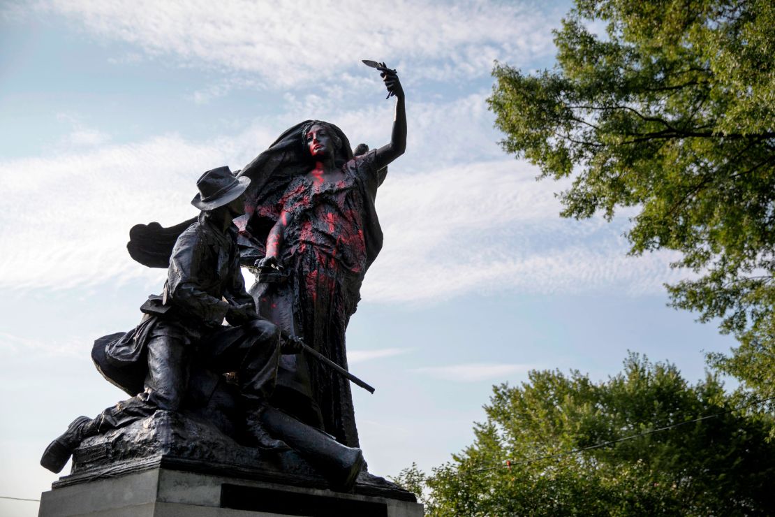 The Peace Monument in Atlanta's Piedmont Park was vandalized with spray paint in August 2017. Demonstrators marched through the city to protest the violence in Charlottesville, Virginia.
