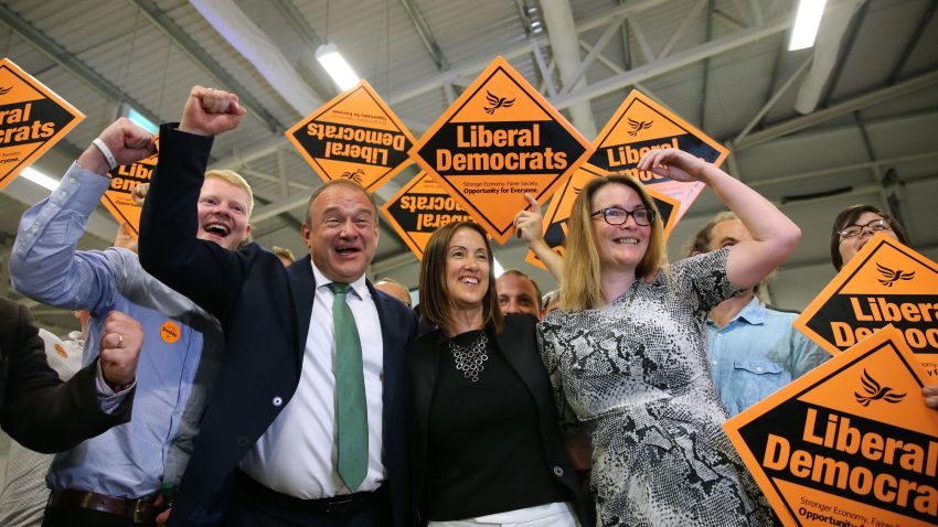 Liberal Democrat candidate Jane Dodds (C) celebrates with Liberal Democrat MP Ed Davey (2ndL) and her team after winning the Brecon and Radnorshire by-election at the Royal Welsh Showground on August 2, 2019 in Builth Wells, Wales. (Photo credit should read ISABEL INFANTES/AFP/Getty Images)