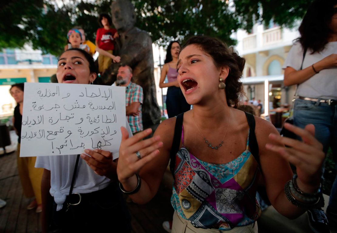 Demonstrators gather in support of Mashrou' Leila at Samir Kassir Square in downtown Beirut on July 29, 2019. 