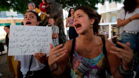 Demonstrators gather in support of Mashrou' Leila at Samir Kassir Square in downtown Beirut on July 29, 2019.