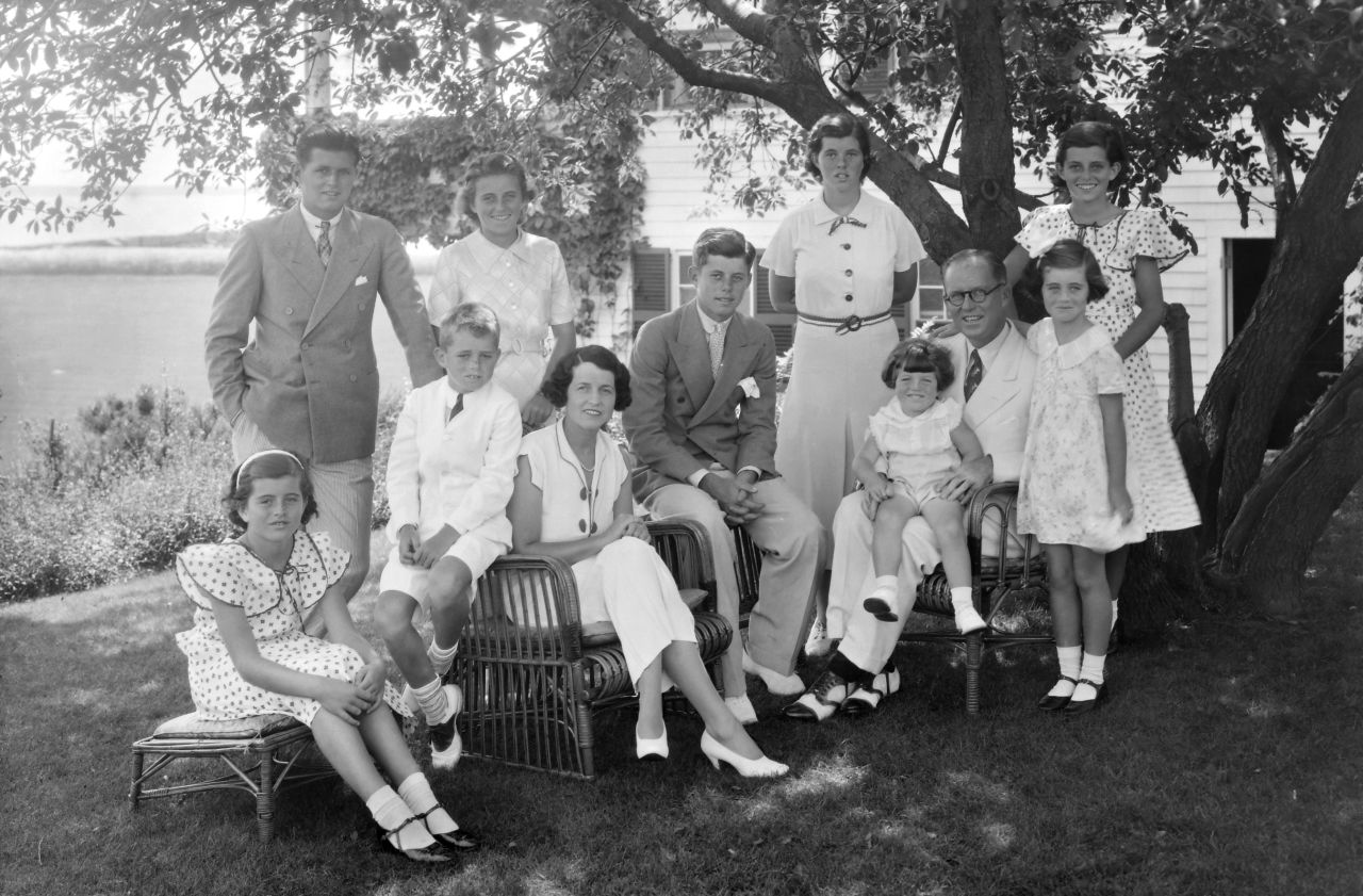 The Kennedy family poses for a portrait in the 1930s. Joseph Kennedy Sr. and his wife, Rose, had nine children. From left are Patricia, Joseph Jr., Robert, Kathleen, Rose, John, Rosemary, Edward, Joseph Sr., Jean and Eunice.