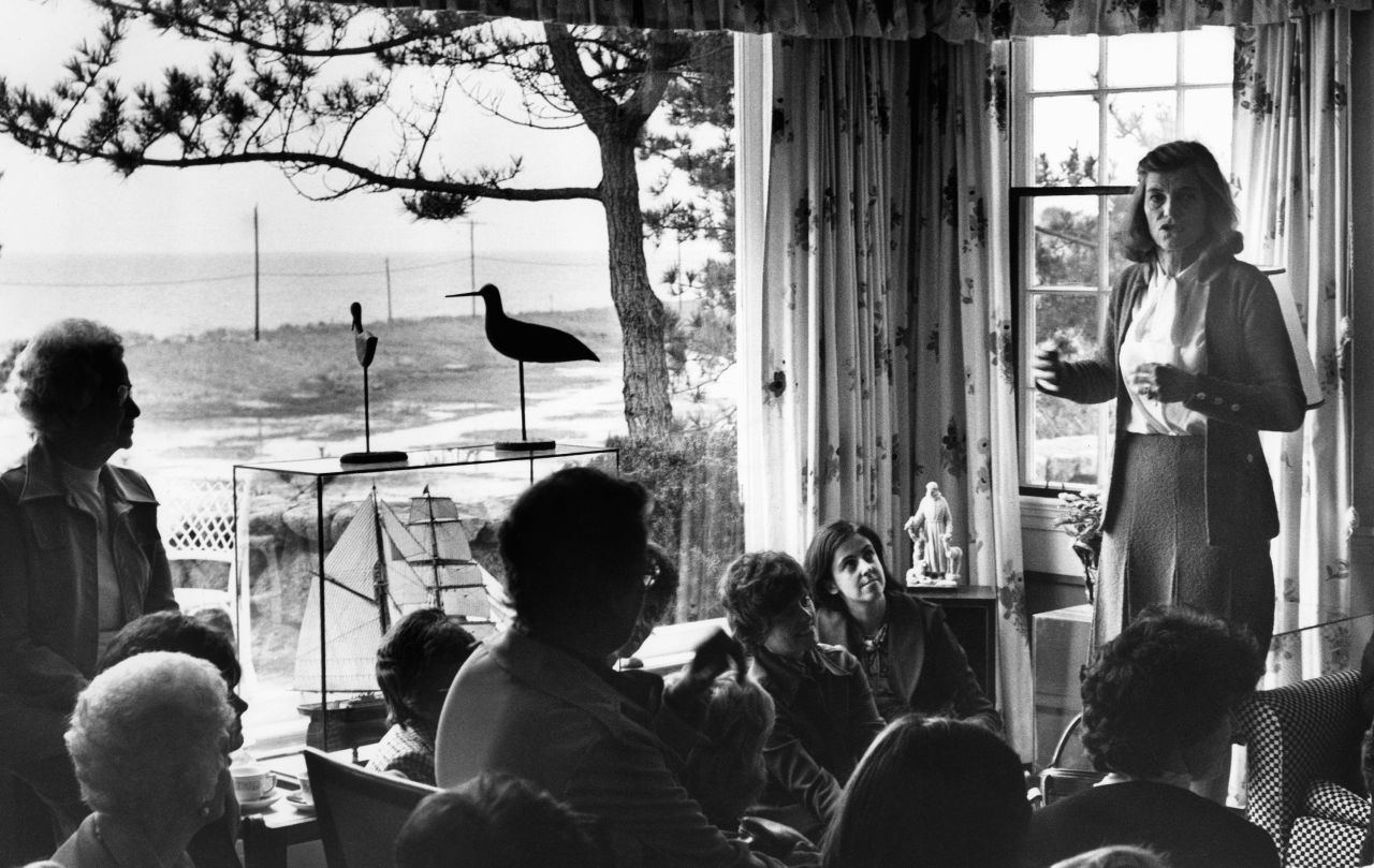 Eunice Kennedy Shriver addresses a group of women on behalf of her husband, Democratic presidential contender R. Sargent Shriver, in 1976.