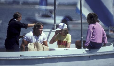 Eunice is joined by her daughter Maria, right, and Maria's husband, actor Arnold Schwarzenegger, at the Kennedy compound in 1981.