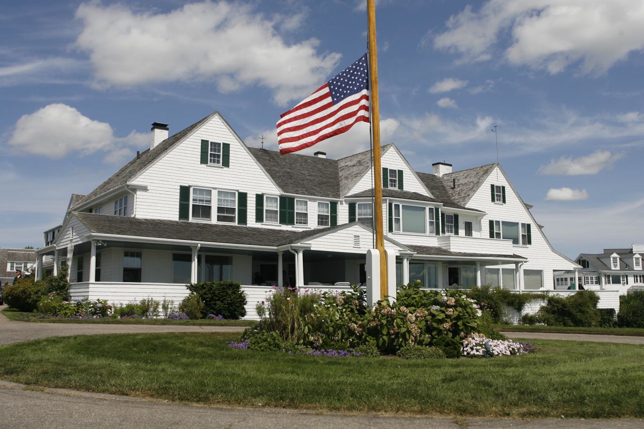 The flag at the compound flies at half-staff after the death of Ted Kennedy in 2009.