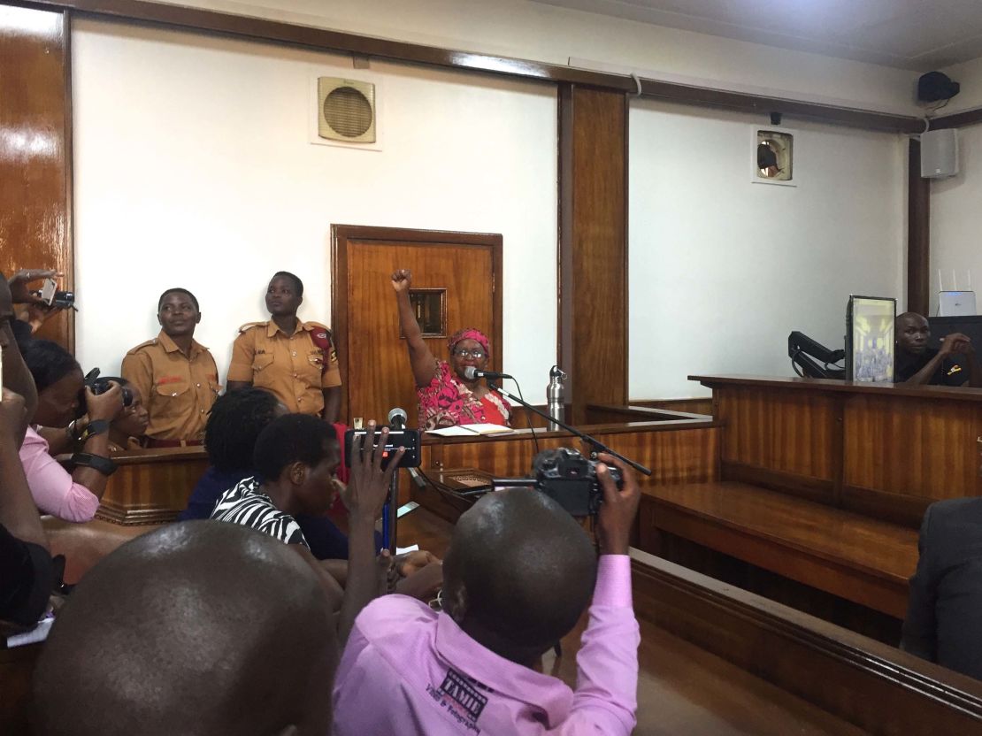 Nyanzi leads a chant at Buganda Road Court on Thursday.