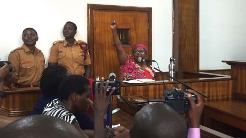Nyanzi leads a chant at Buganda Road Court on Thursday.