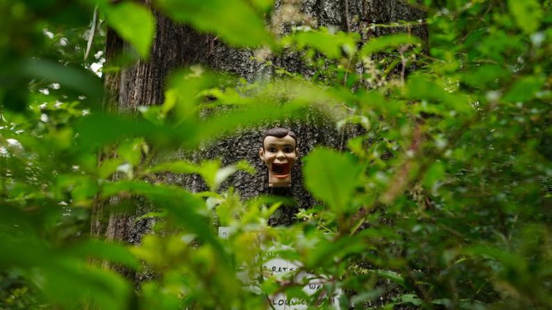 <strong>I heard that:</strong> A ventriloquist doll head is seen on a tree along the trail through dense Deep South foliage. Some of the exhibits can be partially hidden, so it pays to slow down and take your time to spot them all.