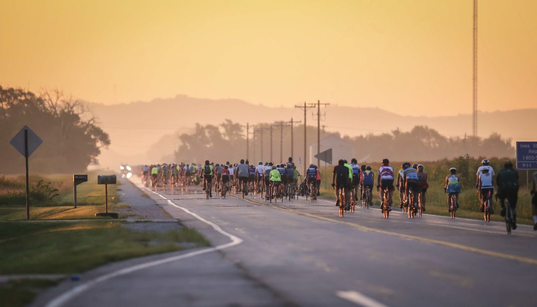 <strong>At the beginning: </strong>Riders leave Onawa, Iowa, Sunday, July 22, 2018, on the first day of RAGBRAI 2018.
