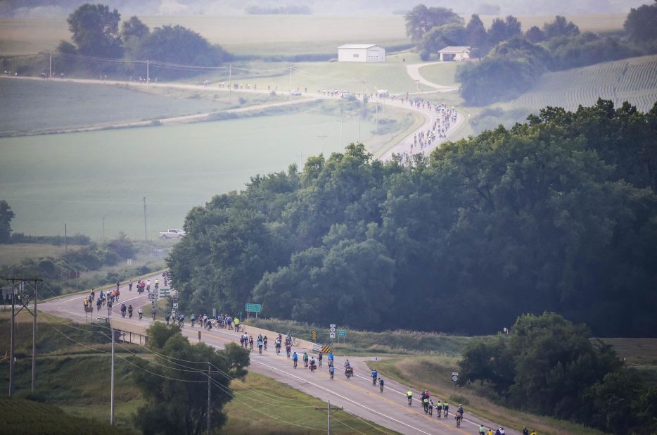 <strong>Rural landscapes: </strong>Riders climb into the Loess Hills near Turin, Iowa, on Sunday, July 22, 2018, on the first day RAGBRAI 2018.