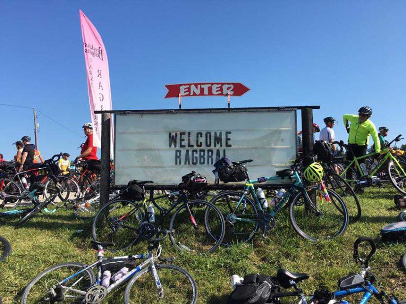 <strong>RAGBRAI: </strong>A sign welcomes cyclists into town for RAGBRAI 2019. The annual cycling event lasts for seven days with alternating routes across Iowa. Click through the gallery for more photos from The Register's Annual Great Bicycle Ride Across Iowa: