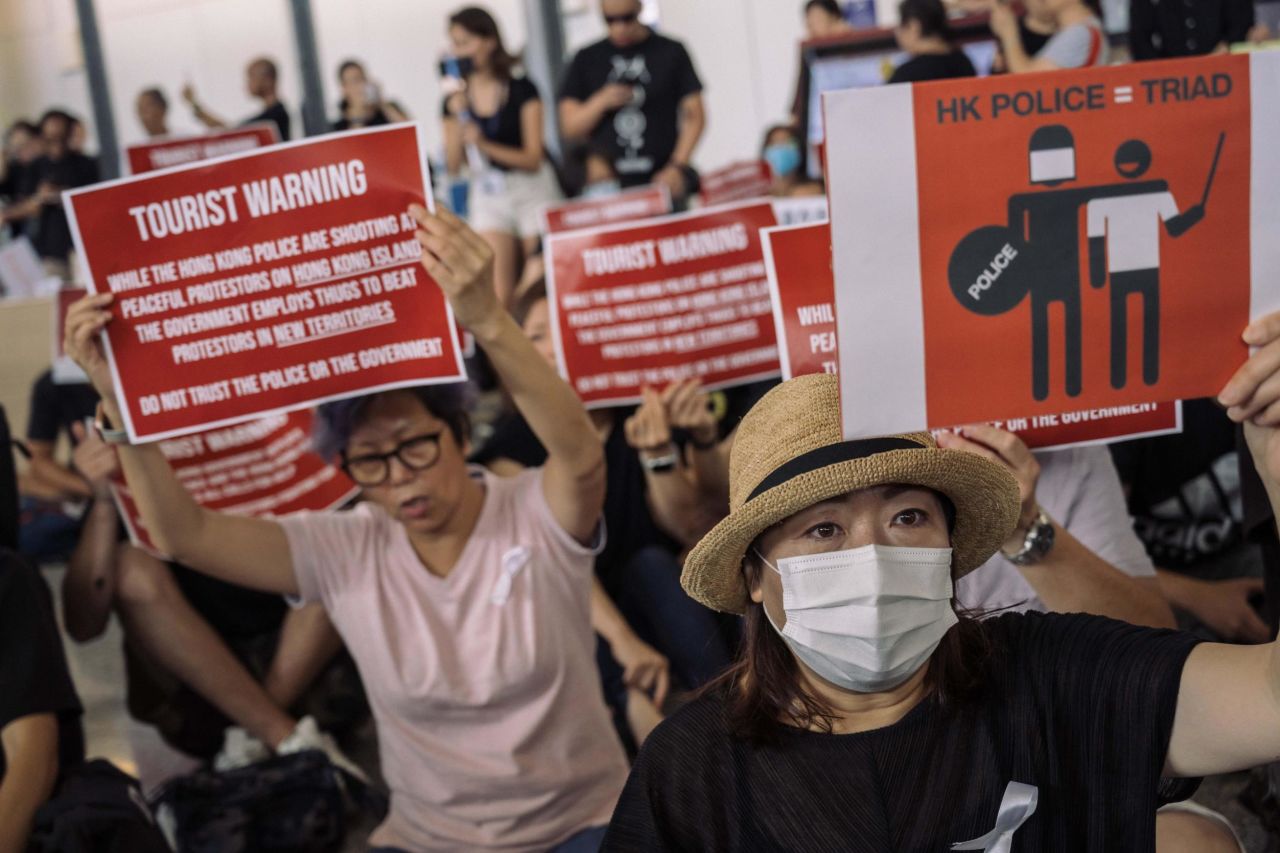 The scene greeting passengers arriving at Hong Kong's international airport during protests.