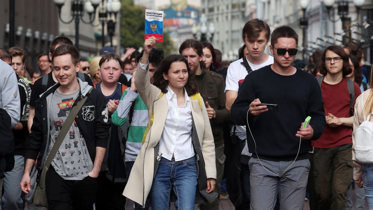 Protesters take to the streets in central Moscow Saturday.