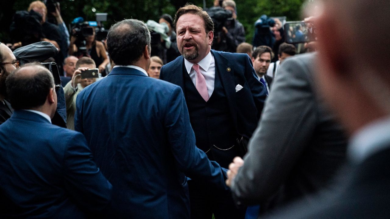 WASHINGTON, DC - JULY 11 : Former Deputy Assistant to the President and host of SALEM Radios #AMERICAFIRST Sebastian Gorka argues with Playboy White House reporter Brian Karem after President Donald J. Trump delivered remarks on citizenship and the census in the rose Garden at the White House on Thursday, July 11th, 2019 in Washington, DC. (Photo by Jabin Botsford/The Washington Post via Getty Images)