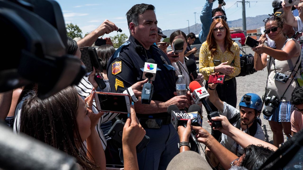 El Paso Police Department Sgt. Robert Gomez briefs media on a shooting that occurred at a Wal-Mart near Cielo Vista Mall in El Paso, Texas, on August 3, 2019. - A shooting at a Walmart store in Texas left multiple people dead. At least one suspect was taken into custody after the shooting in the border city of El Paso, triggering fear and panic among weekend shoppers as well as widespread condemnation. It was the second fatal shooting in less than a week at a Walmart store in the US and comes after a mass shooting in California last weekend. (Photo by Joel Angel JUAREZ / AFP)        (Photo credit should read JOEL ANGEL JUAREZ/AFP/Getty Images)