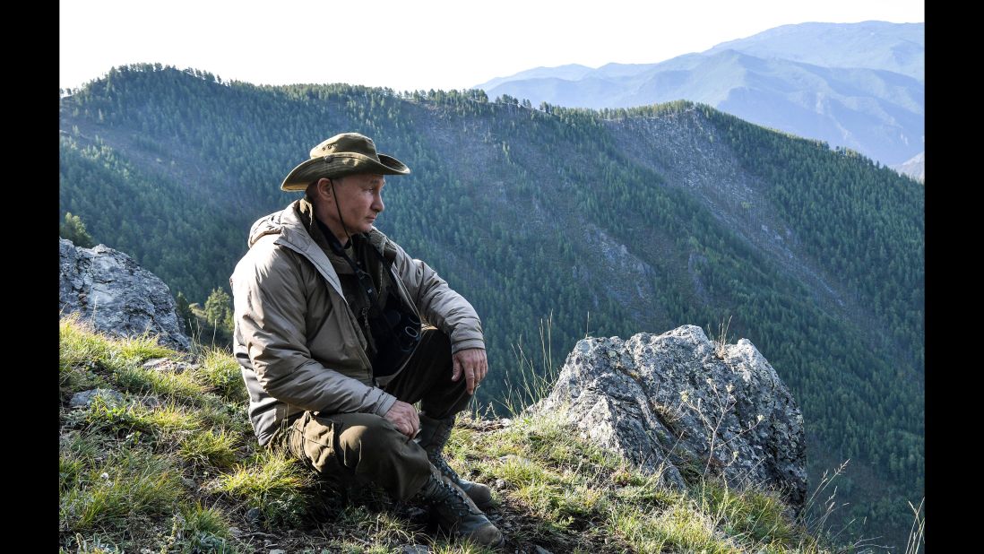 Putin surveys the Sayano-Shushensky Nature Reserve in Siberia in August 2018.
