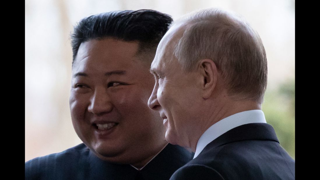 Putin welcomes North Korean leader Kim Jong Un before their talks in Vladivostok, Russia, in April 2019.
