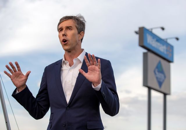 O'Rourke speaks to the media on Sunday. <a  target="_blank">O'Rourke lashed out at President Trump during his comments,</a> saying that Trump has been "promoting racism" with his incendiary remarks about immigration. After the El Paso shooting, Trump called the tragedy an "act of cowardice" and said there "are no reasons or excuses that will ever justify killing people."