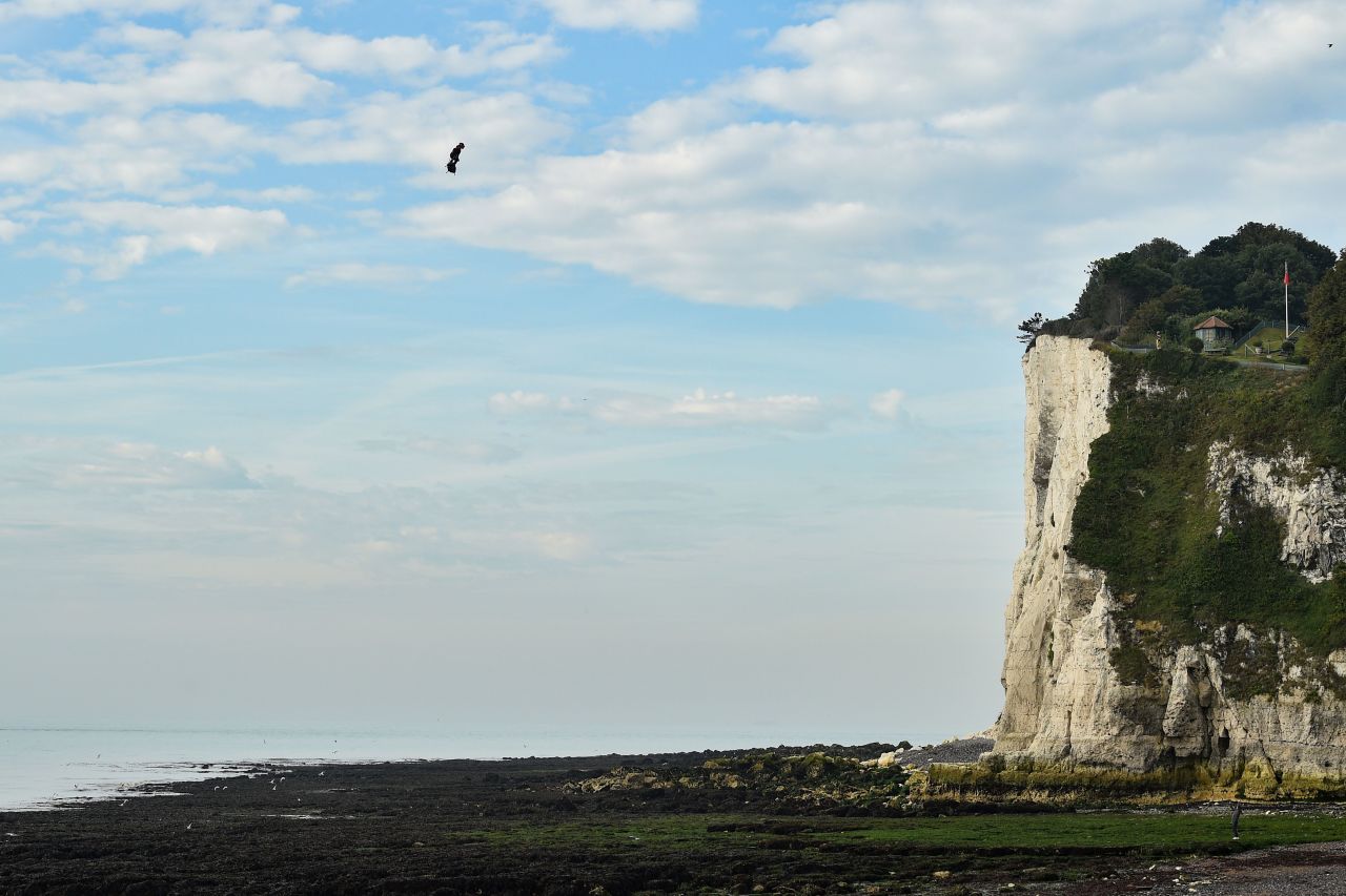 Franky Zapata on his jet-powered "flyboard" lands at St. Margaret's Bay in Dover.
