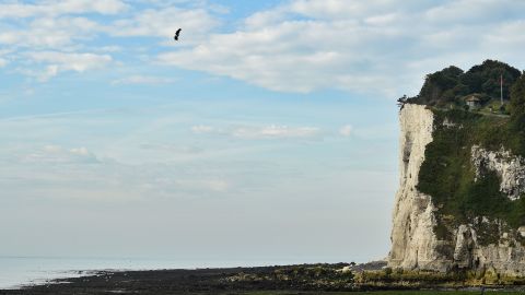 Franky Zapata on his jet-powered "flyboard" lands at St. Margaret's Bay in Dover.