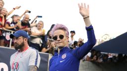 PASADENA, CALIFORNIA - AUGUST 03:    Megan Rapinoe #15 of United States waves to fans as she takes the field ahead of the first game of the USWNT Victory Tour against Republic of Ireland  at Rose Bowl on August 03, 2019 in Pasadena, California. (Photo by Katharine Lotze/Getty Images)