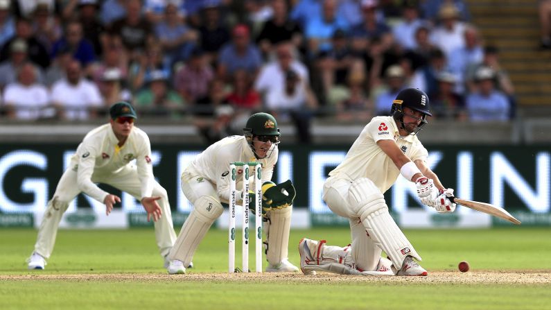 England's Rory Burns, right, bats during Day 2 of the Ashes Test match on Friday, August 2, in Edgbaston, Birmingham.