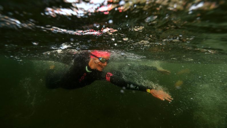 A competitor starts the age group portion during the Ironman triathlon on Sunday, July 28 in Lake Placid, New York. 