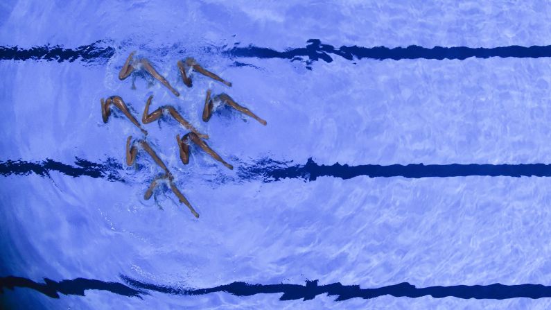 Mexico's artistic swimming team performs during the Pan American Games Free Routine event in Lima, on Wednesday, July 31.