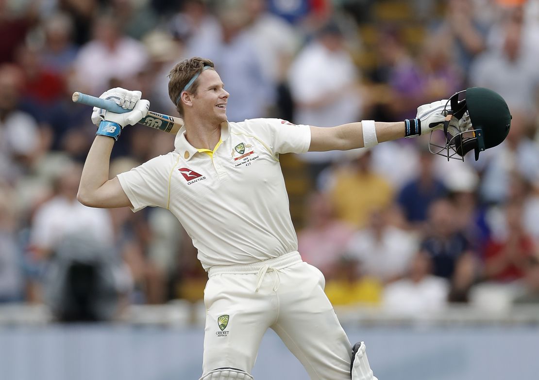 Steve Smith of Australia celebrates after reaching his second century during the first Test.