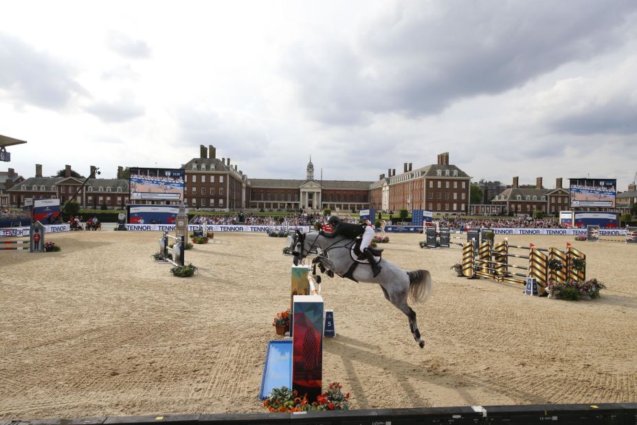 Shane Sweetnam goes airborne on Alejandro at the Royal Hospital Chelsea.