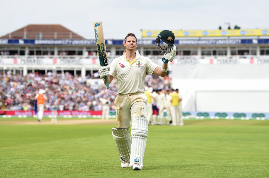 Steve Smith of Australia salutes the crowd as he leaves the field after being dismissed by Chris Woakes.