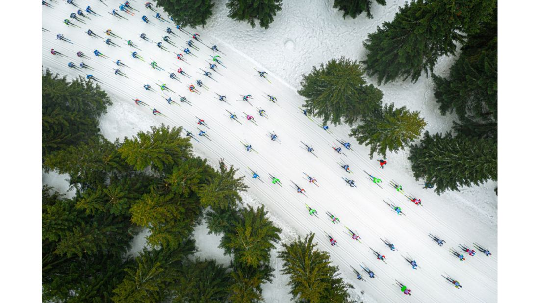 <strong>Photographer of the Year 2019 winner -- "A Shoal of Colorful Fish": </strong>The main prize in the 2019 Drone Awards contest went to Jacek Deneka for this image of skiers competing during the Bieg Piastow Skiing Festival in Jakuszyce, Poland.