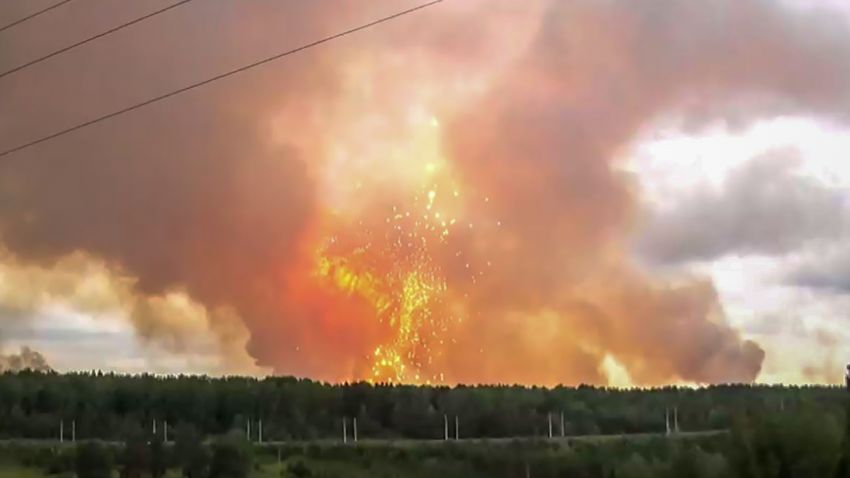 This screen grab from a video made on August 5, 2019 shows explosions at an ammunition depot near the town of Achinsk in the Krasnoyarsk region. - Up to eight people were injured and thousands were evacuated on August 5, 2019 because of a fire at a Siberian ammunition depot that set off explosions, authorities said. (Photo by - / OSA TV / AFP)        (Photo credit should read -/AFP/Getty Images)