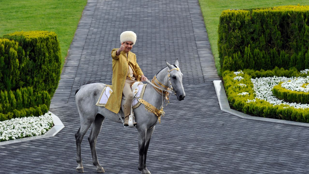 Berdymukhamedov on a stallion in celebrations for the Day of the Horse in April 2018.
