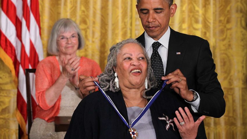 WASHINGTON, DC - MAY 29: Novelist Toni Morrison is presented with a Presidential Medal of Freedom by U.S. President Barack Obama during an East Room event May 29, 2012 at the White House in Washington, DC. The Medal of Freedom, the nation's highest civilian honor, is presented to individuals who have made especially meritorious contributions to the security or national interests of the United States, to world peace, or to cultural or other significant public or private endeavors. (Photo by Alex Wong/Getty Images)