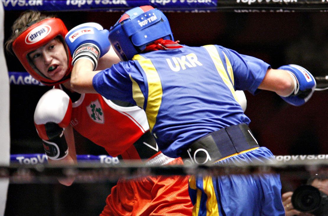 Taylor (L) fights with Yana Zavyalova from Ukraine during the semifinals of the European Amateur boxing in 2007.