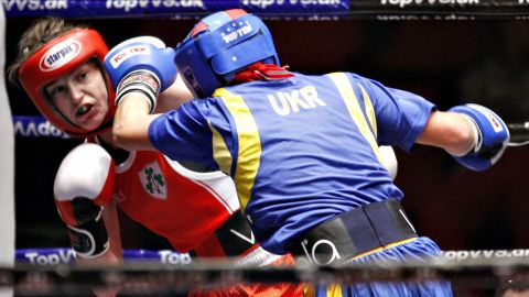 Taylor (L) fights with Yana Zavyalova from Ukraine during the semifinals of the European Amateur boxing in 2007.