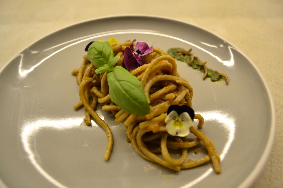 Pasta with black soldier fly larvae, garnished with mealworms is one Insect Experience dish.