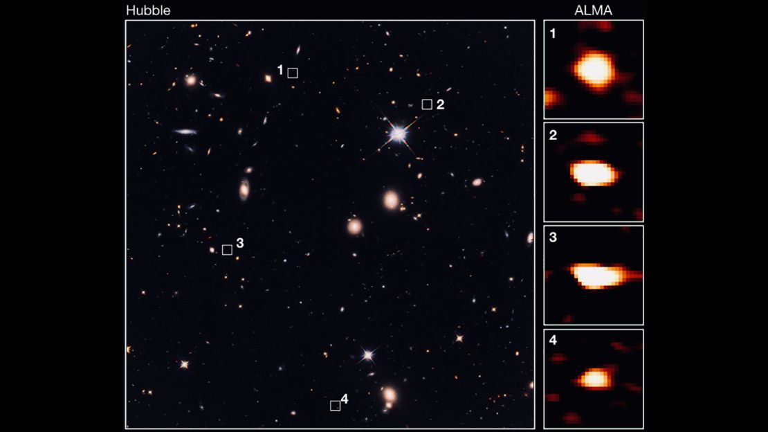 ALMA identified 39 faint galaxies that are not seen with the Hubble Space Telescope's deepest view of the Universe 10 billion light-years away.