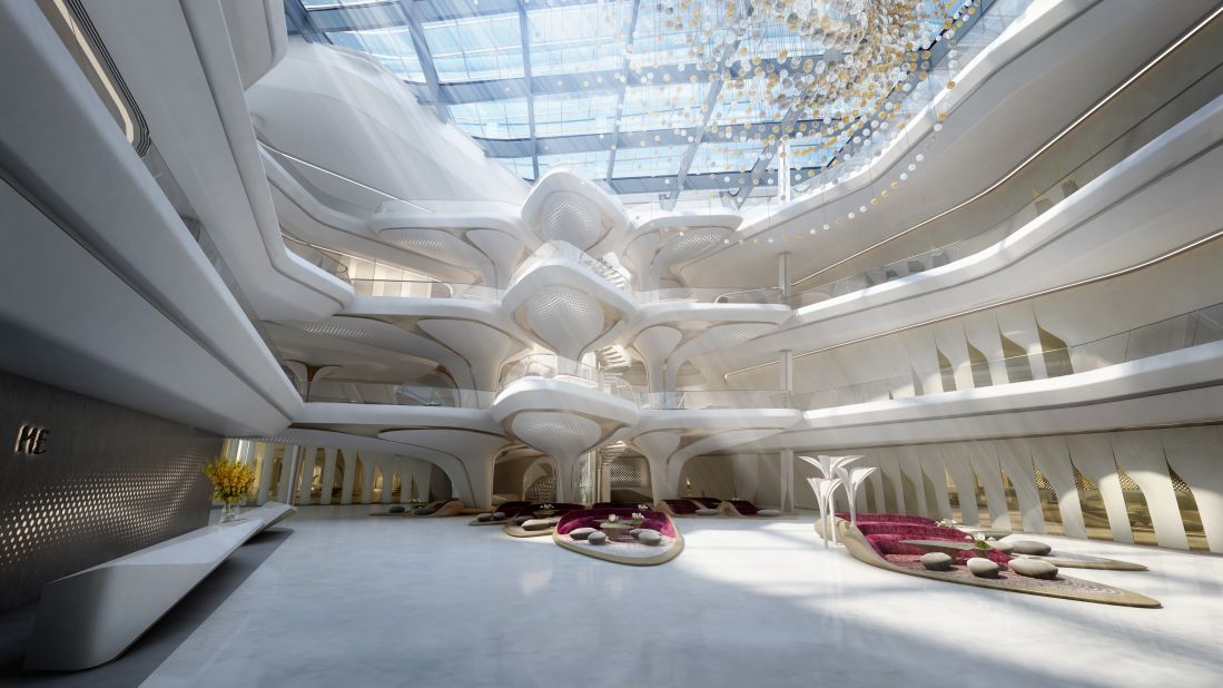 A sleek design of the lobby within The Opus, Dubai will greet guests as they move towards the building's residences, a boutique hotel by Melia Hotels International, office space, a nightclub, 12 restaurants and a rooftop bar.