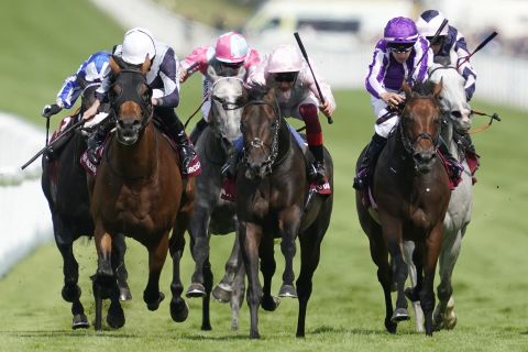 Popular Italian jockey Frankie Dettori rode Too Darn Hot (center, pink) to win the showpiece Qatar Sussex Stakes at Goodwood.