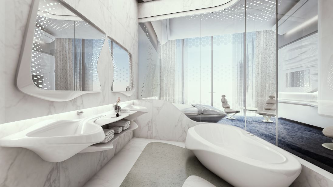 Zaha Hadid's trademark curves are heavily featured in this rendering of a bathroom design within The Opus, Dubai.