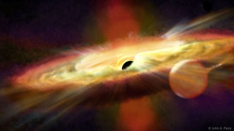 An artist's impression of a unique system where pulsing hot winds blow away from a black hole.