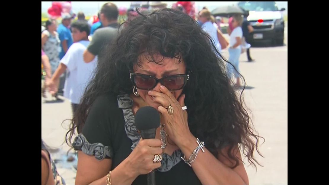 Sylvia Saucedo, 58, breaks down speaking to a reporter after the shooting.