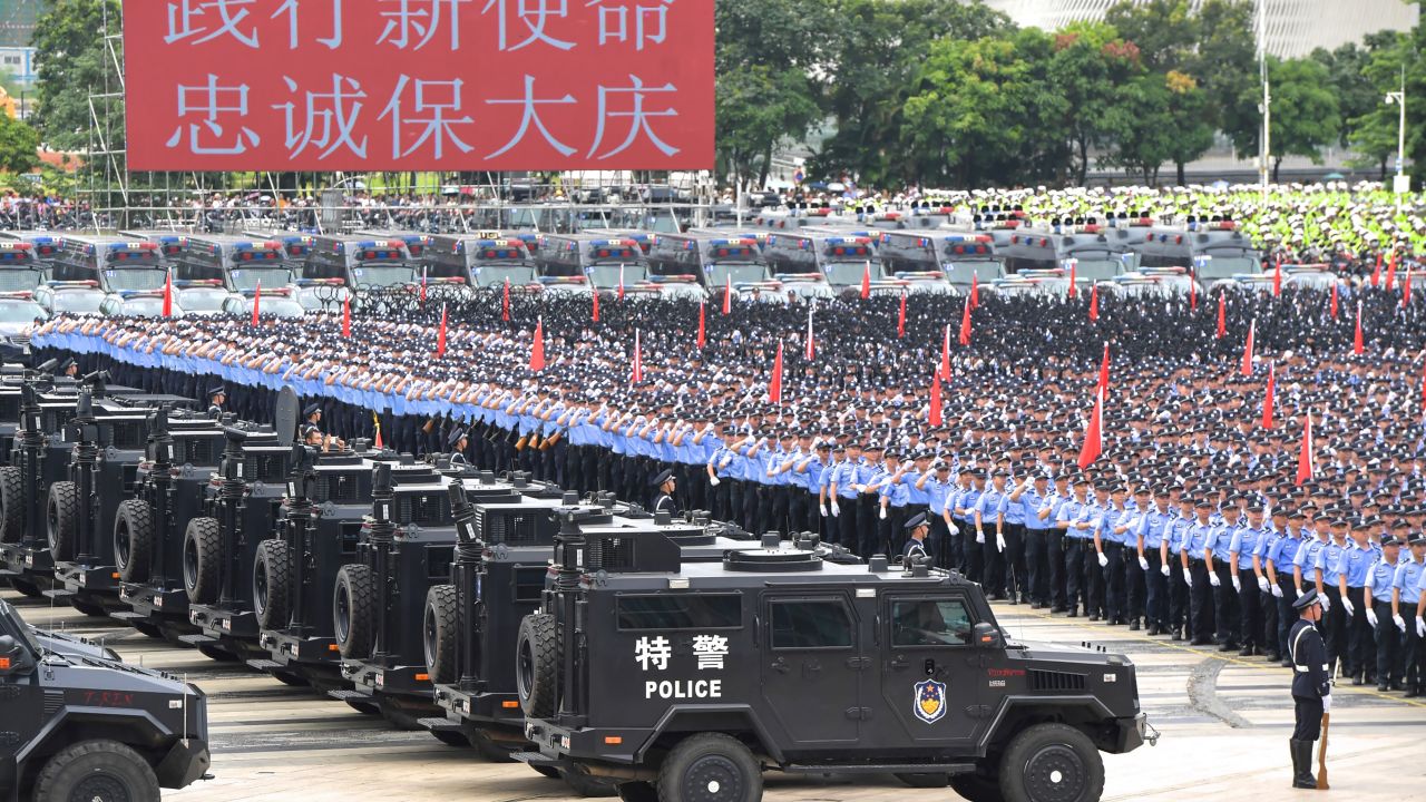 Chinese paramilitary police officers taking part in a drill in Shenzhen in China's southern Guangdong province on August 6.